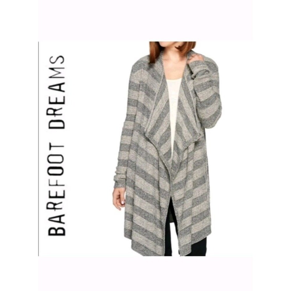 Barefoot Dreams Gray and Light Gray Striped Open Front Cardigan